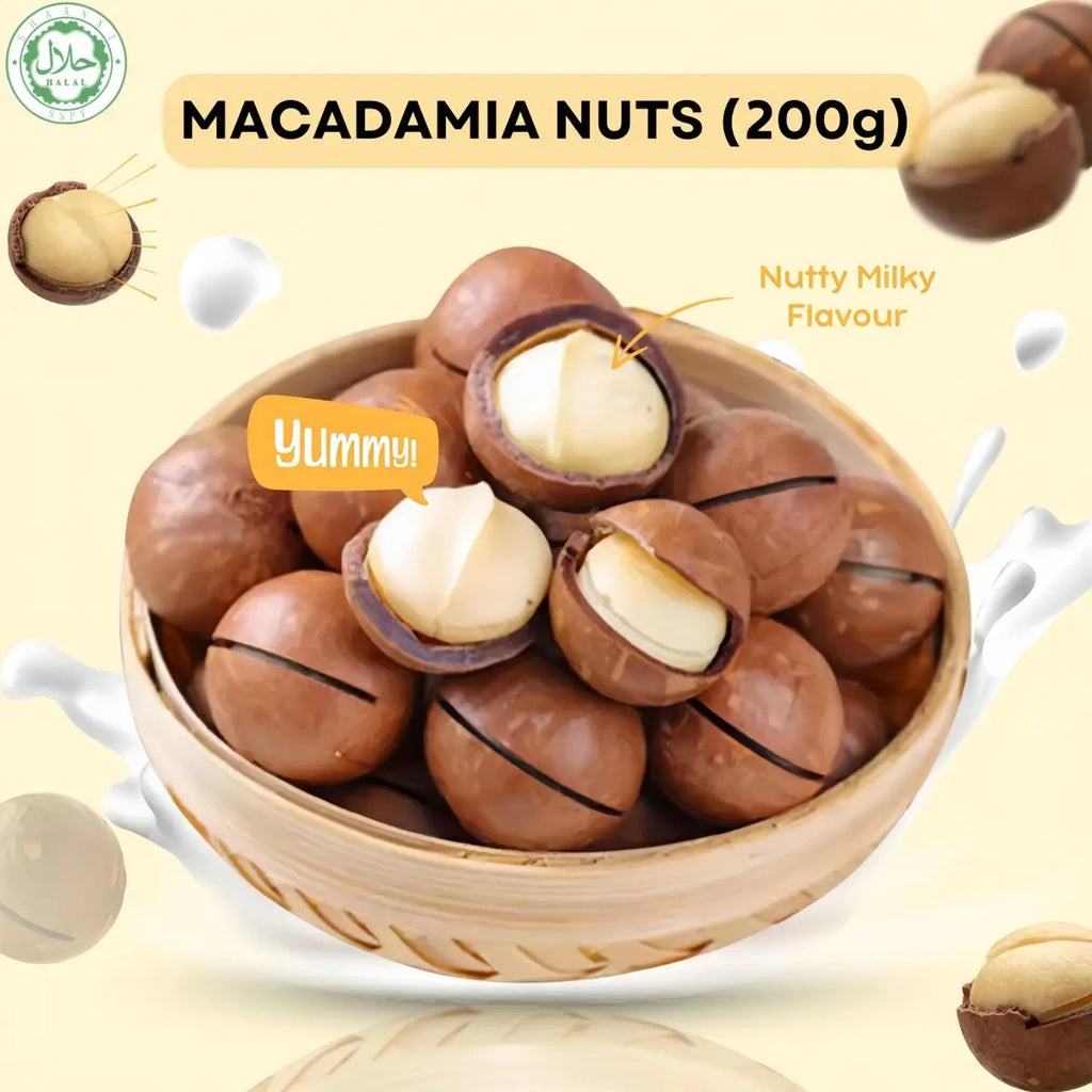 Set Makanan Ringan Cina Halal, Kacang Macadamia Australia 200G-AAA dengan Kulit Terbuka Gratis dan Key Vegan Friendly - Siap Stock Food Snack Nuts